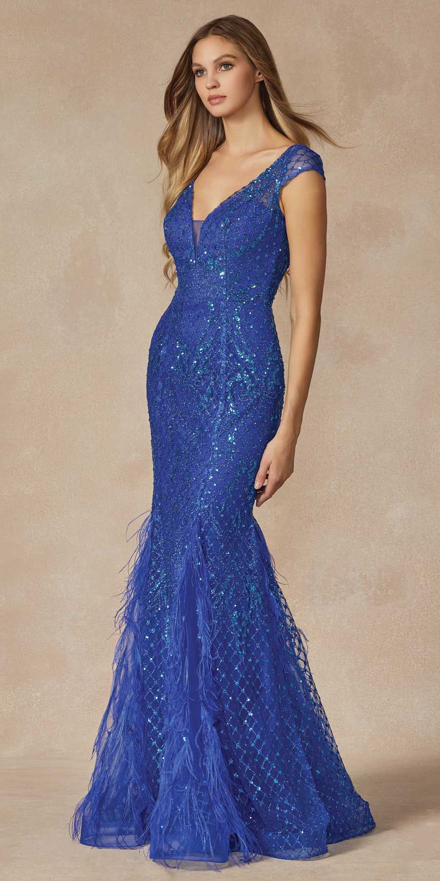 Royal blue fitted prom dress with V-neck and cap sleeves, sequins on mermaid silhouette