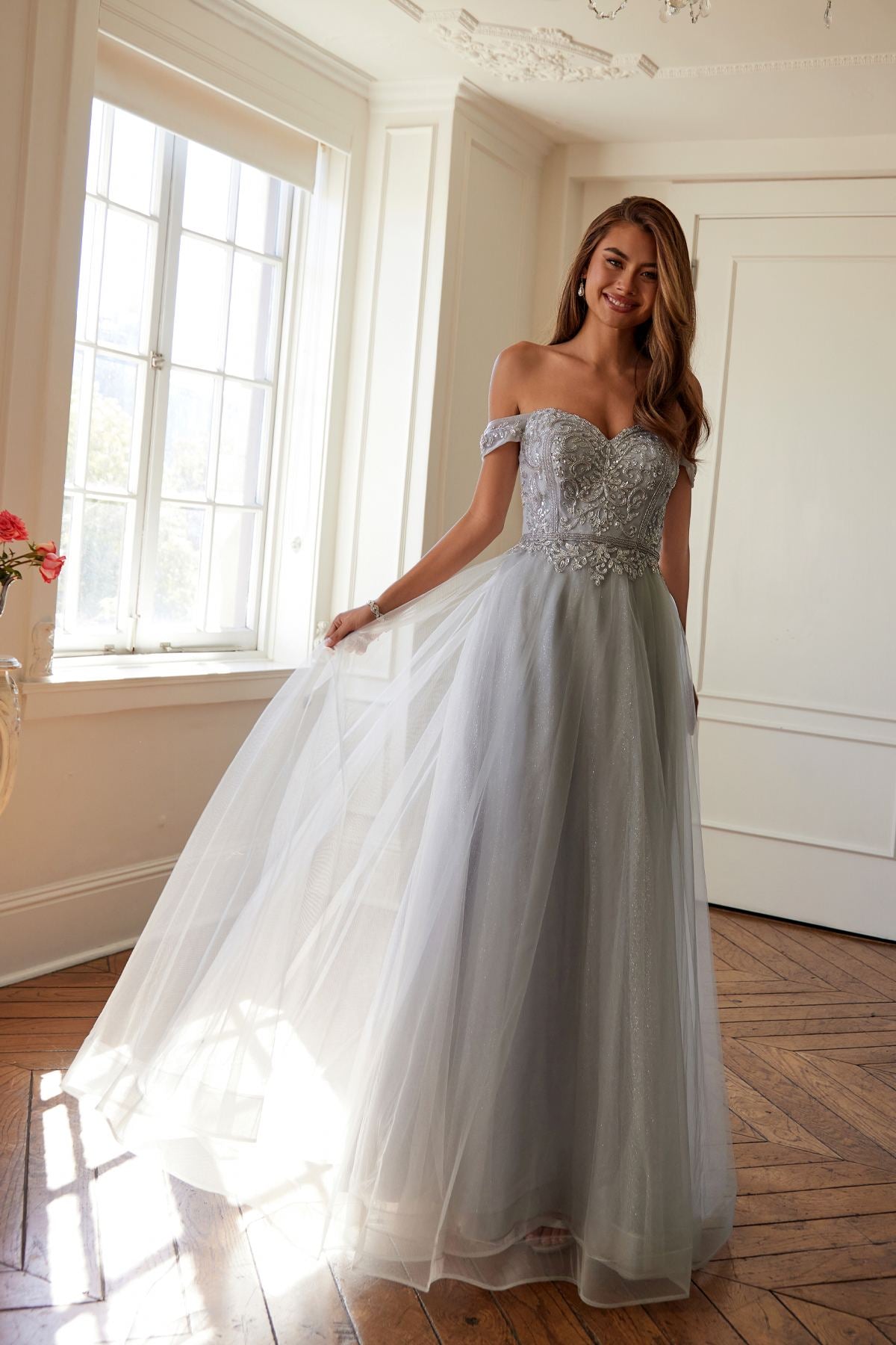 Off-shoulder beaded prom dress in light gray with A-line tulle skirt and embellished neckline