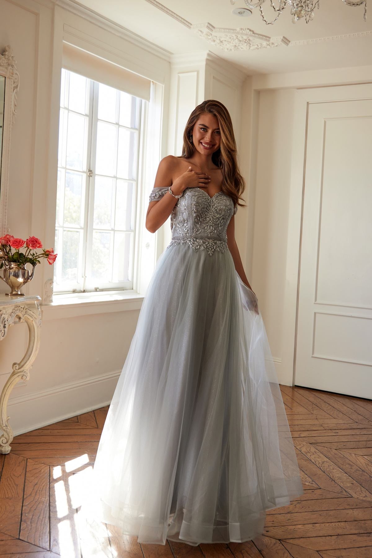 Off-shoulder beaded prom dress, light gray with tulle A-line skirt and off-shoulder sleeves