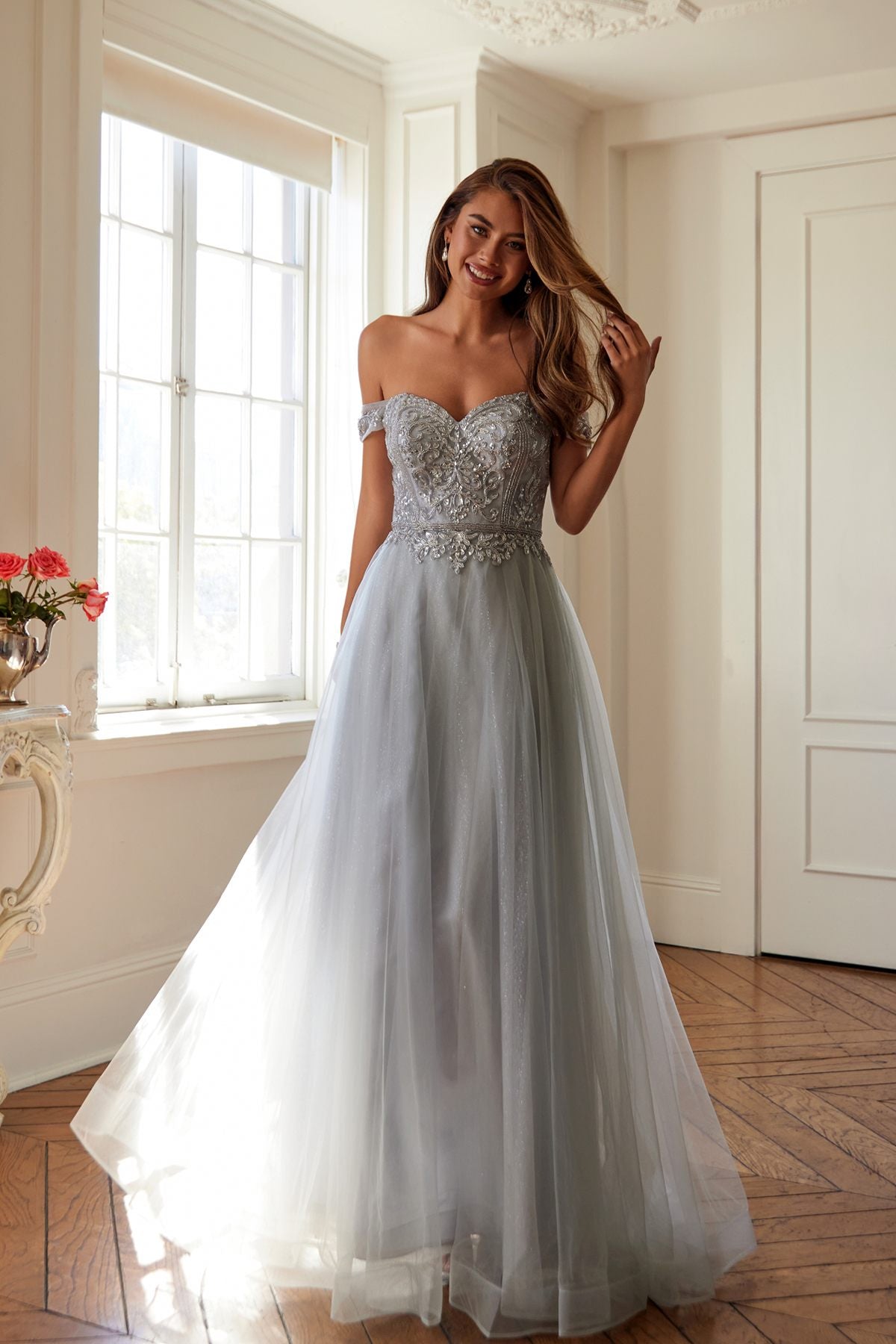 Off-shoulder beaded prom dress in light gray, full skirt and sparkling bodice