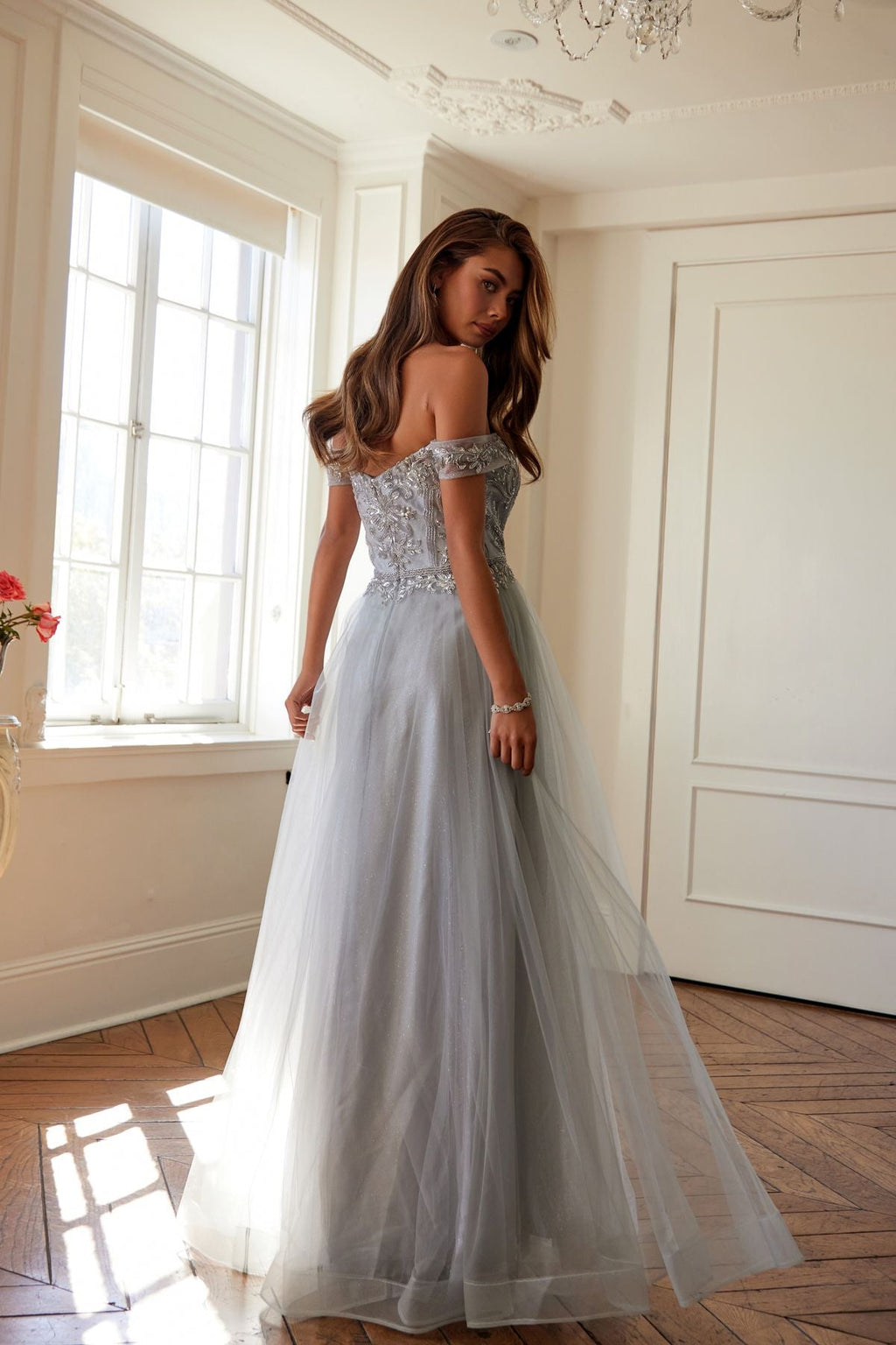 Off-shoulder beaded A-line prom dress in light gray, fitted bodice and flowing skirt
