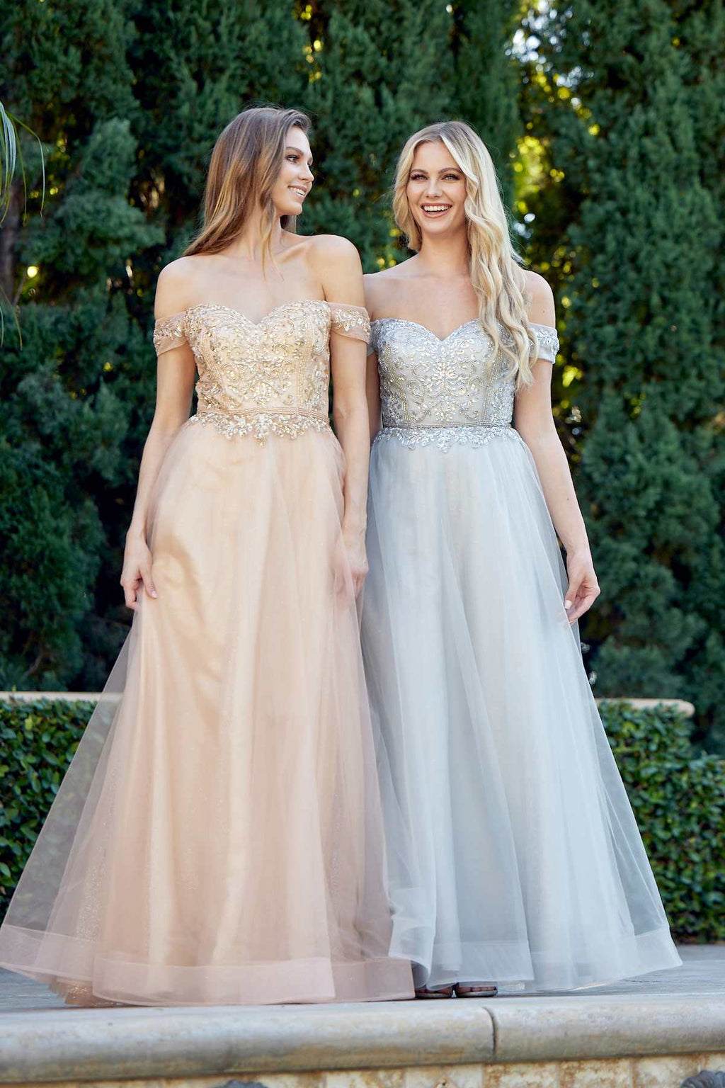 Two long off-shoulder beaded A-line prom dresses, gold and light blue tulle