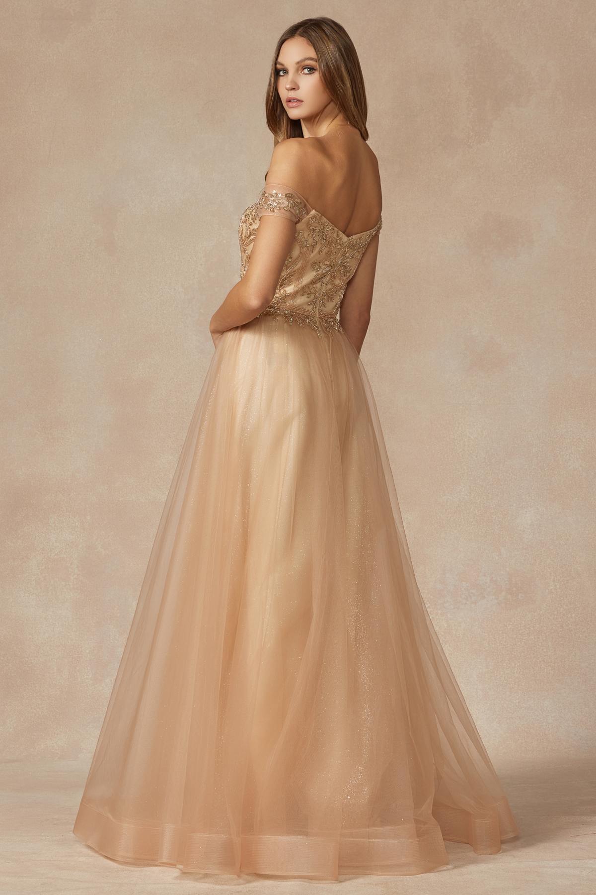 Long off-shoulder beaded A-line prom dress, peach-gold off-shoulder beaded bodice