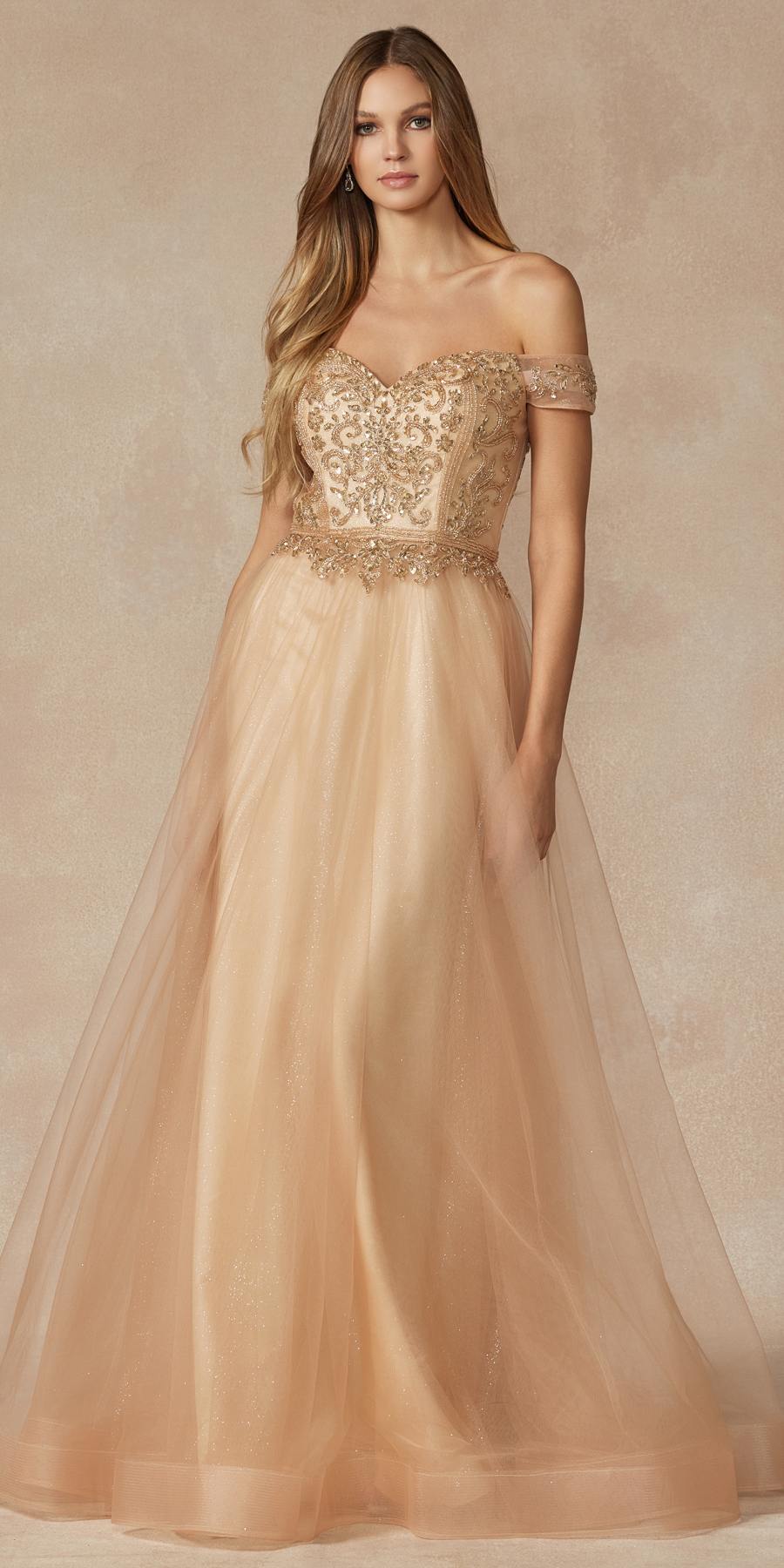 Long off-shoulder beaded A-line prom dress, champagne gold sheer tulle skirt
