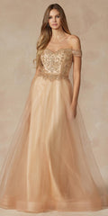 Long off-shoulder beaded A-line prom dress, champagne gold sheer tulle skirt