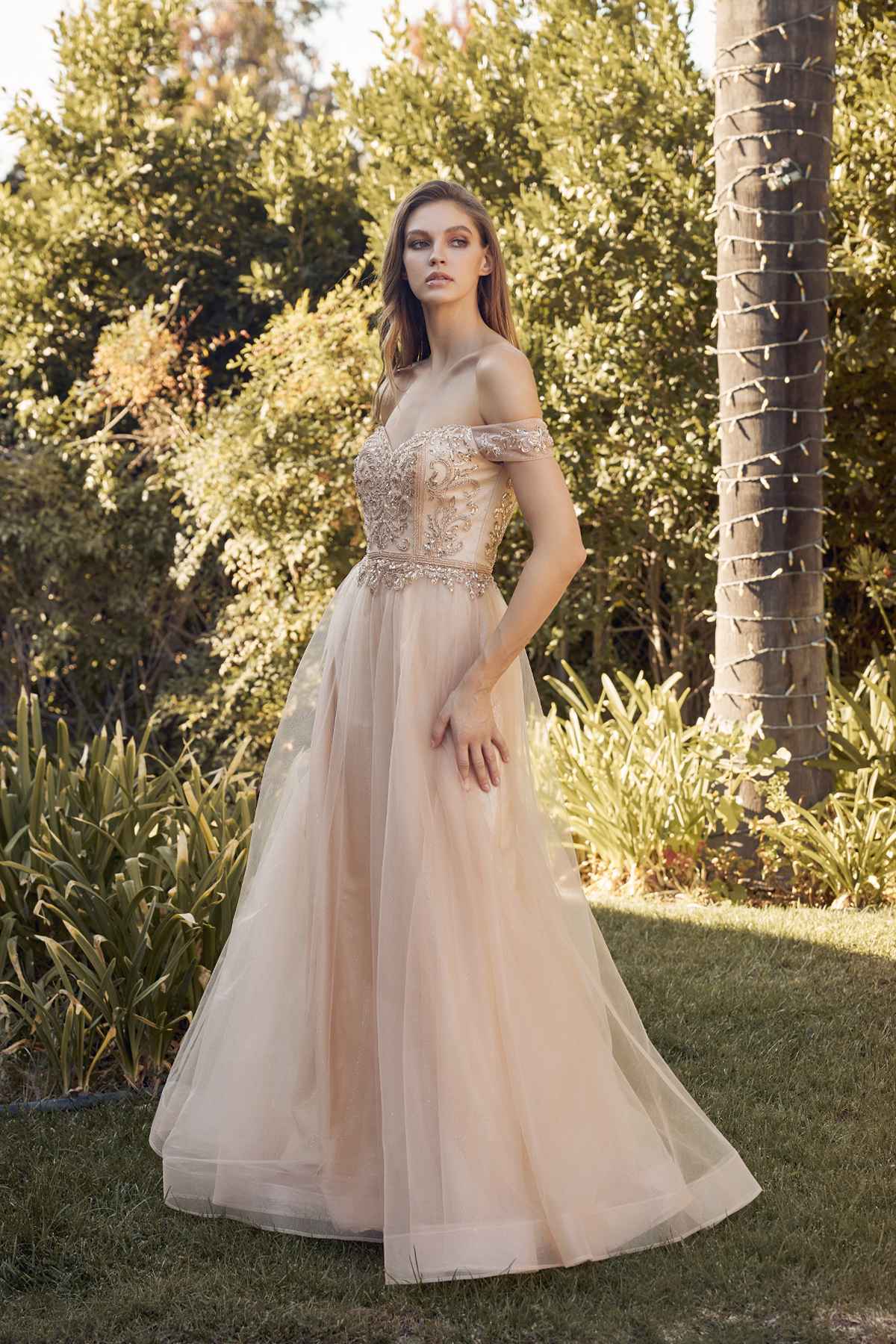 Long off-shoulder beaded A-line prom dress, champagne gold tulle skirt