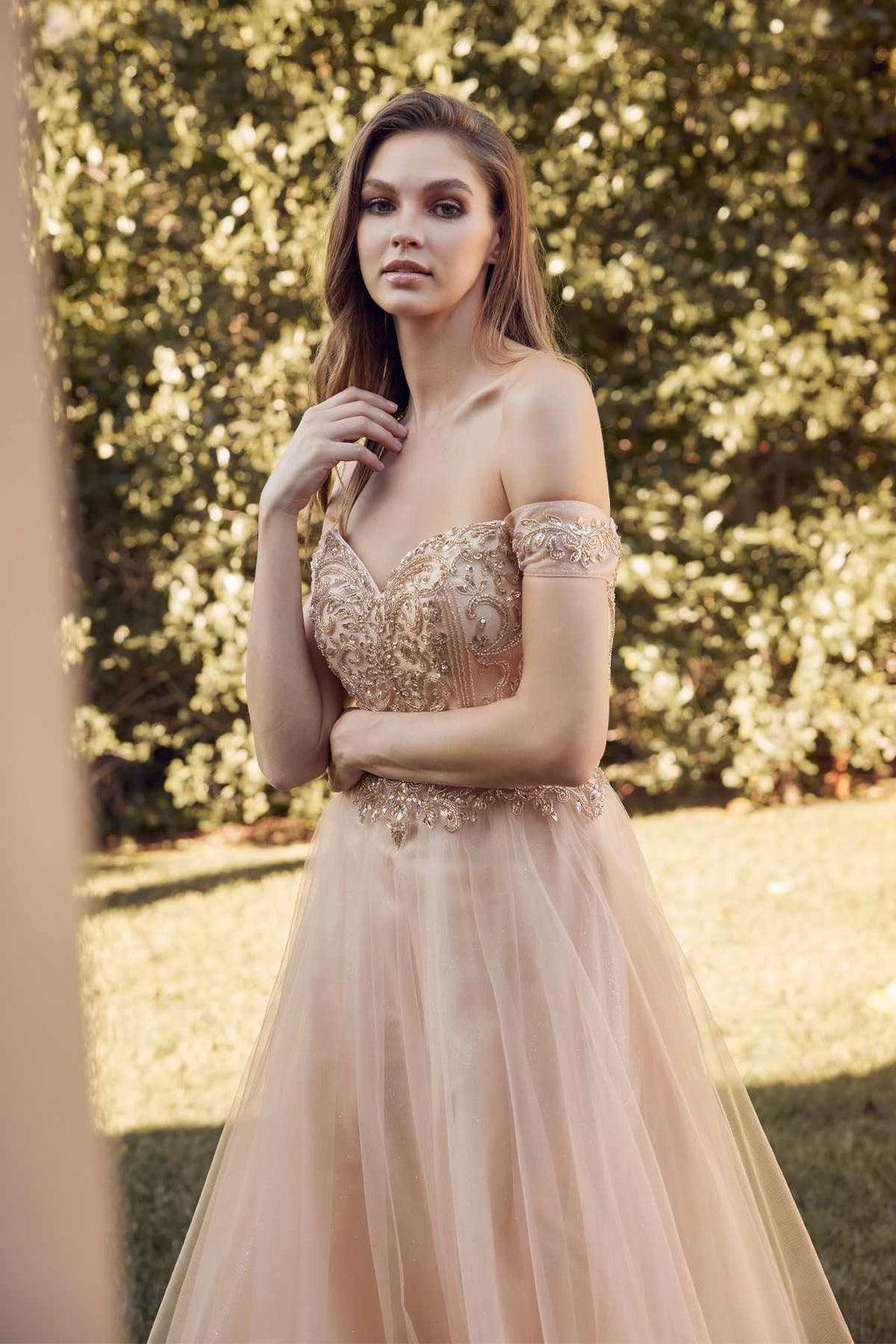 Long off-shoulder beaded A-line prom dress, champagne gold off-shoulder lace bodice