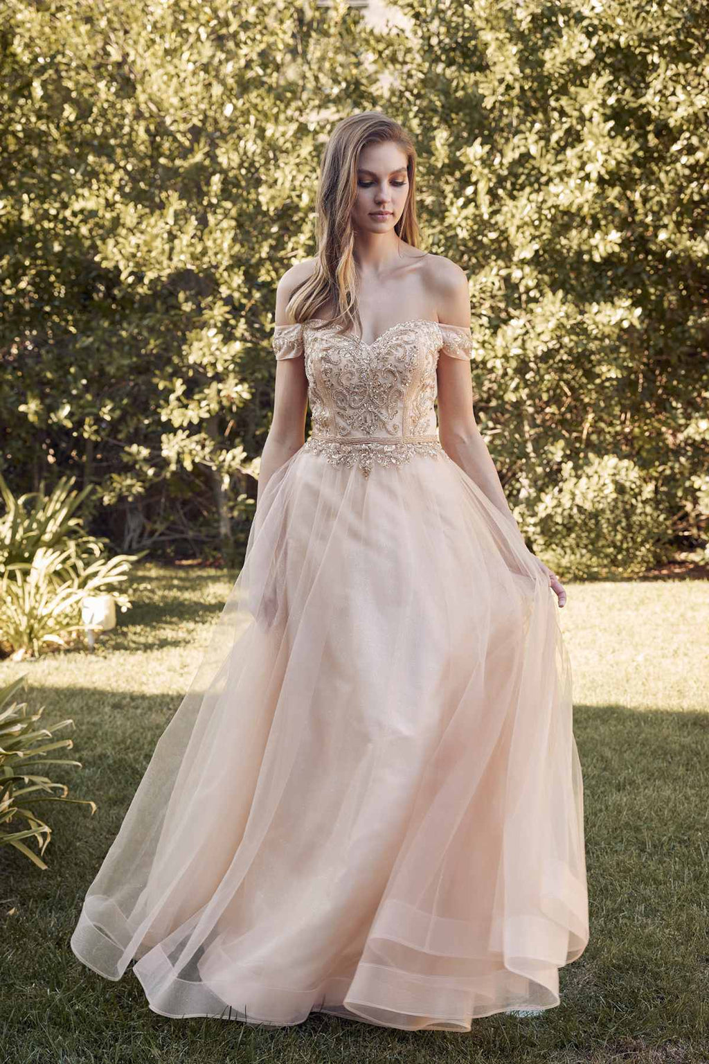 Long off-shoulder beaded A-line prom dress, pale gold lace bodice and tulle skirt