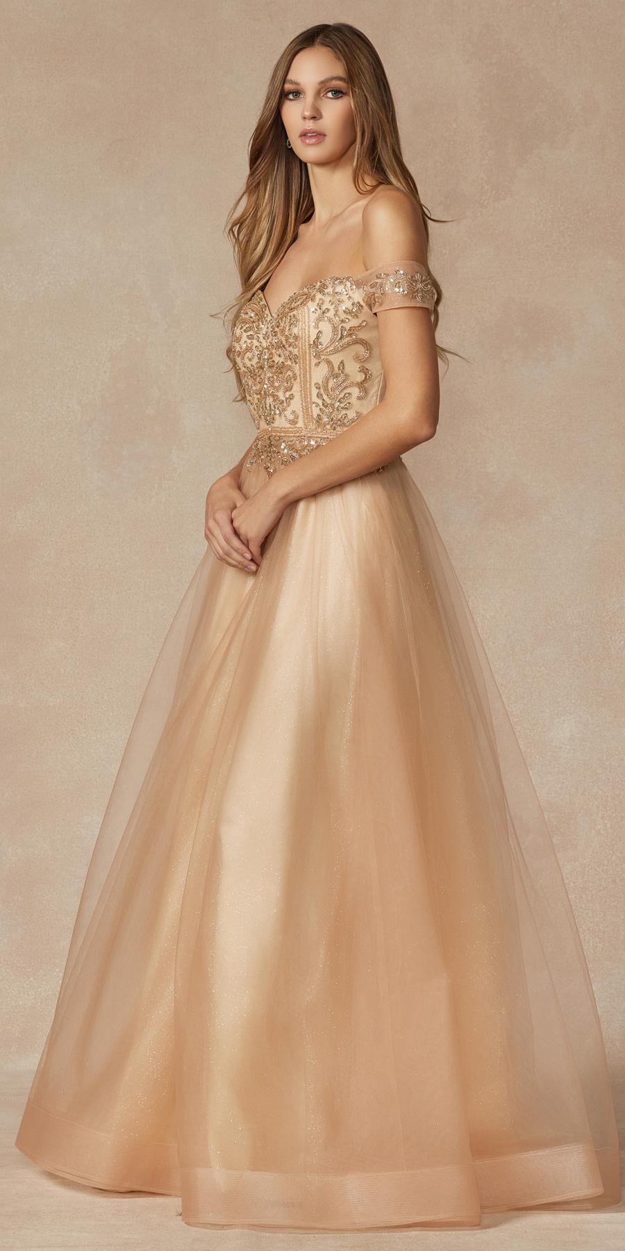 Long off-shoulder beaded A-line prom dress, gold lace bodice and flowing tulle skirt