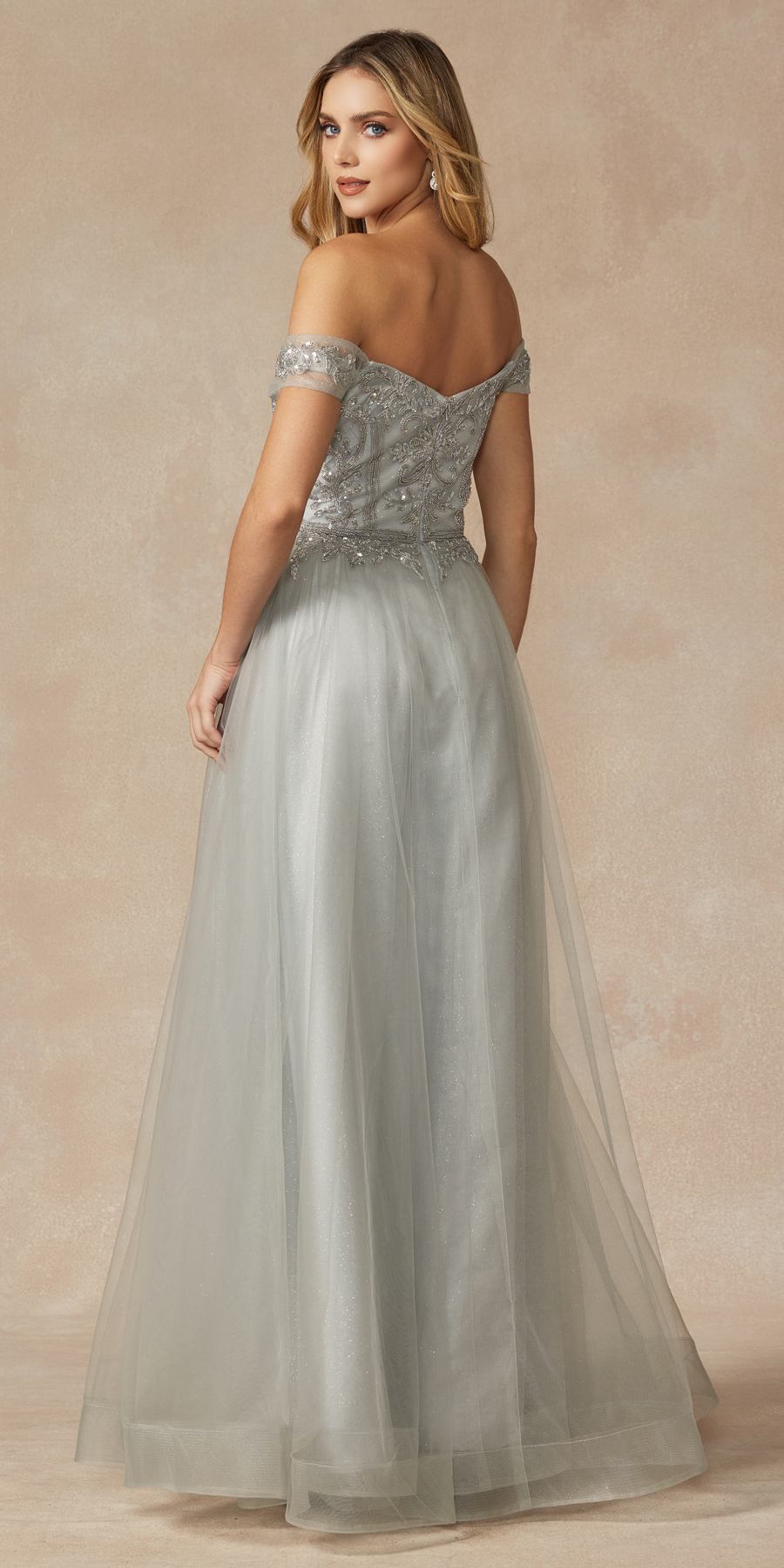 Long off-shoulder beaded A-line prom dress, silvery-gray tulle skirt
