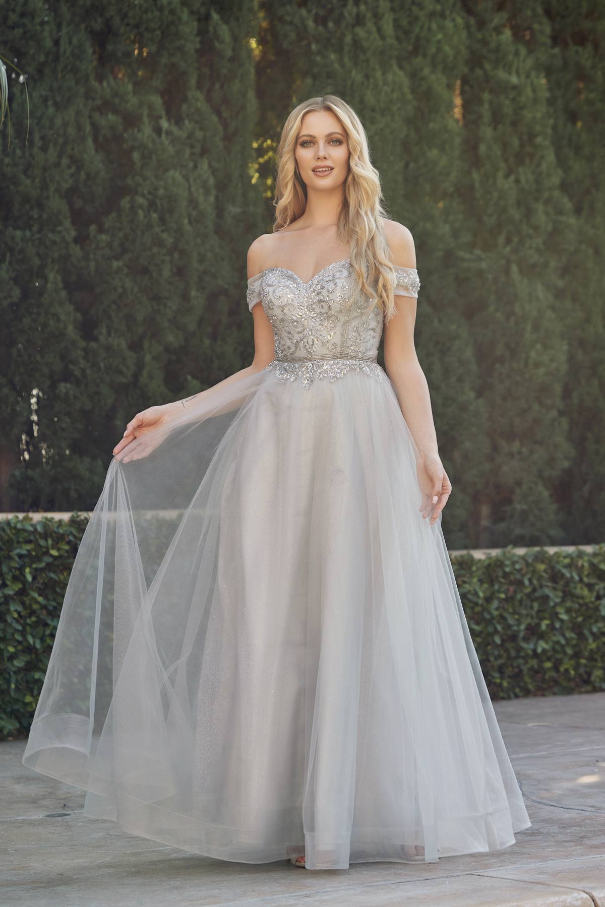 Off-shoulder beaded prom dress, light gray bodice with A-line tulle skirt