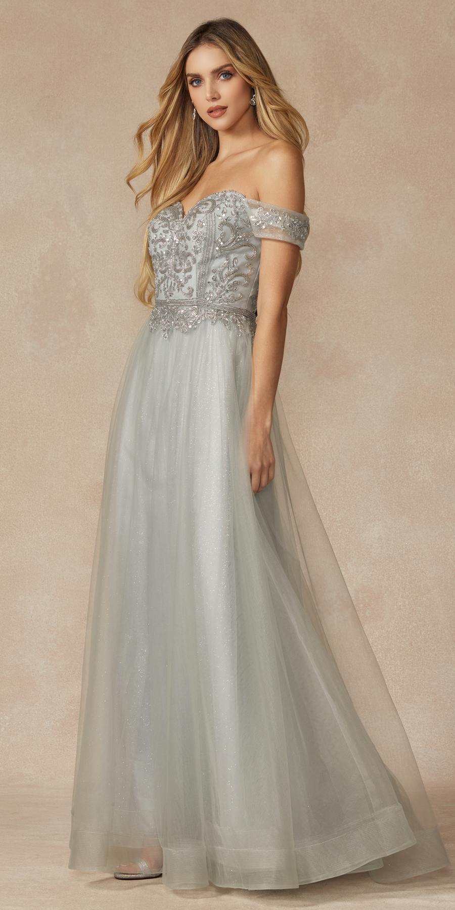 Off-shoulder beaded A-line prom dress in light gray with short off-shoulder sleeves