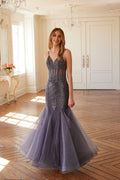 Gunmetal embellished mermaid gown with fitted corset and thin straps, full length