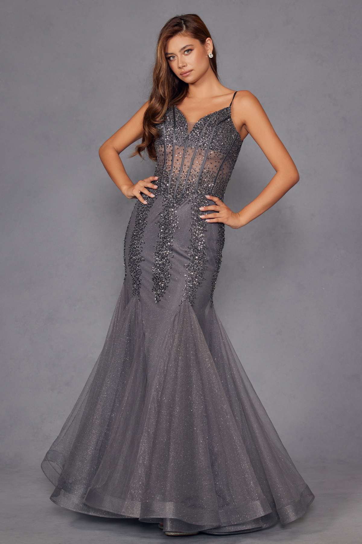 Embellished gunmetal corset mermaid gown with thin straps and glittery beadwork
