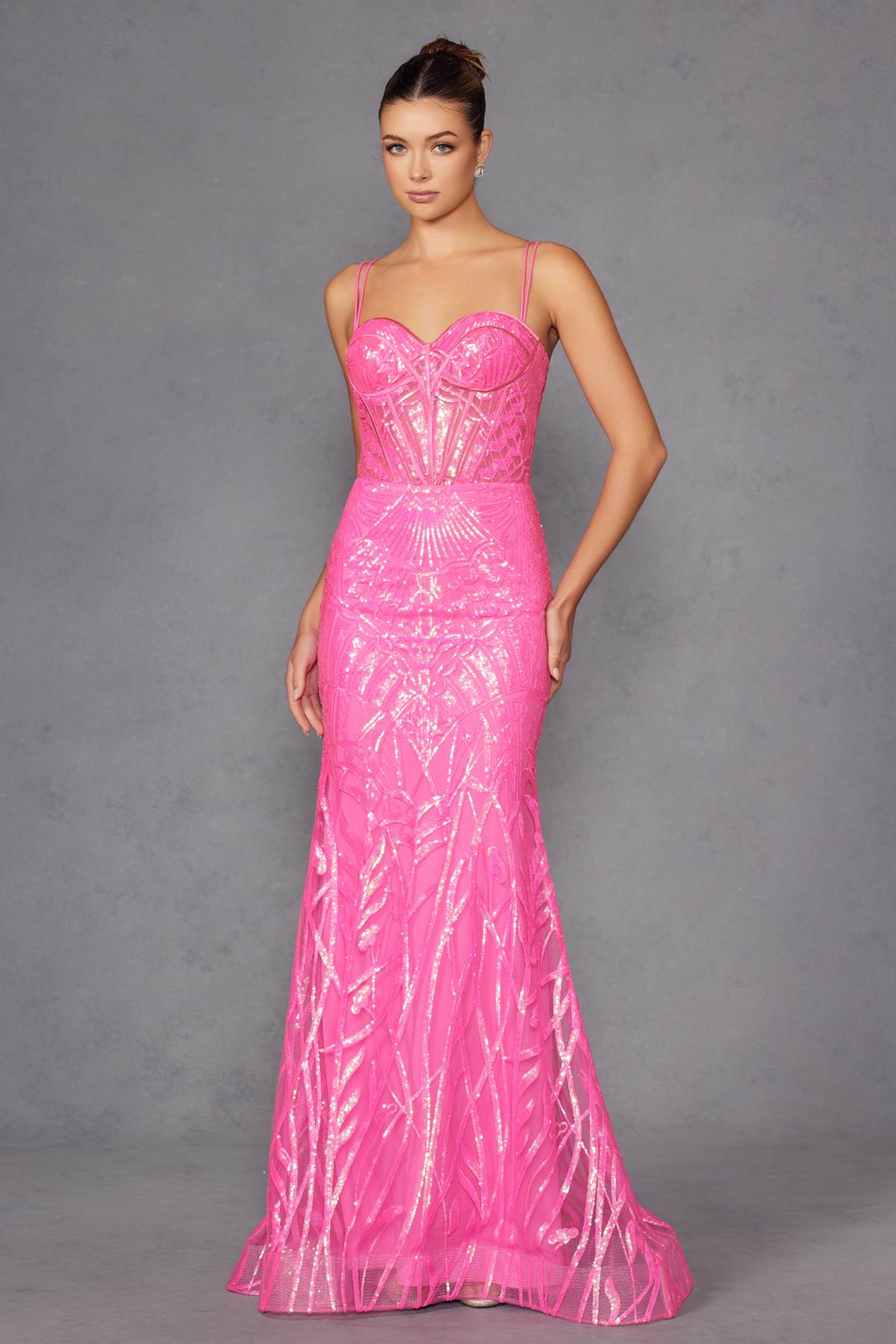 Fuchsia sweetheart sequin fitted gown with corset bodice and thin straps
