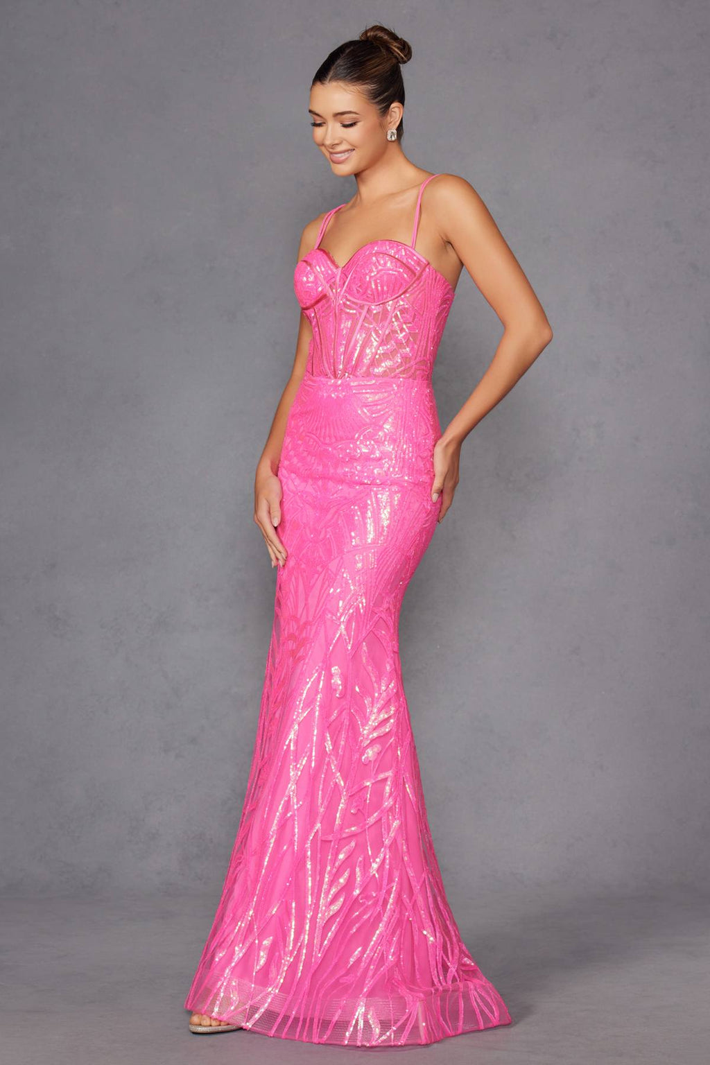 Fuchsia strapless sweetheart sequin fitted gown with corset bodice