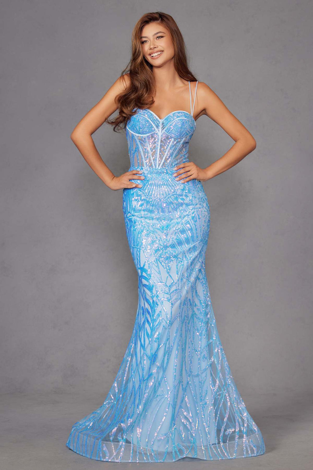 Sky blue sequin strapless sweetheart corset mermaid gown, fitted front