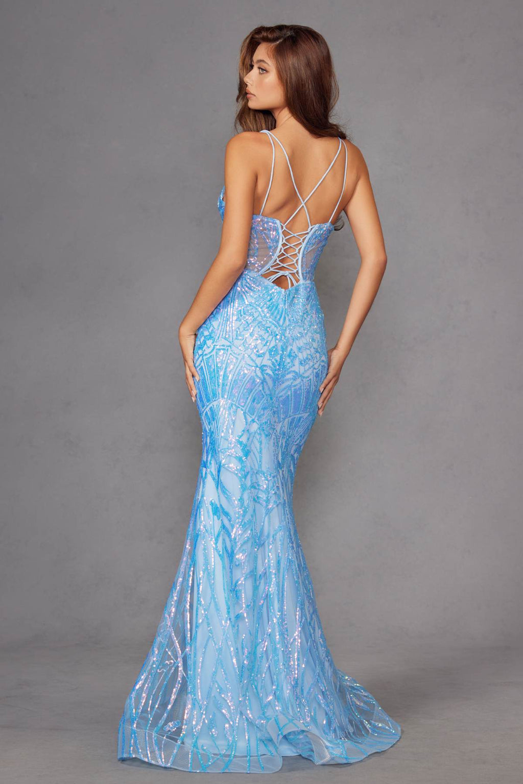 Sky blue sequin corset back mermaid gown with thin crisscross straps