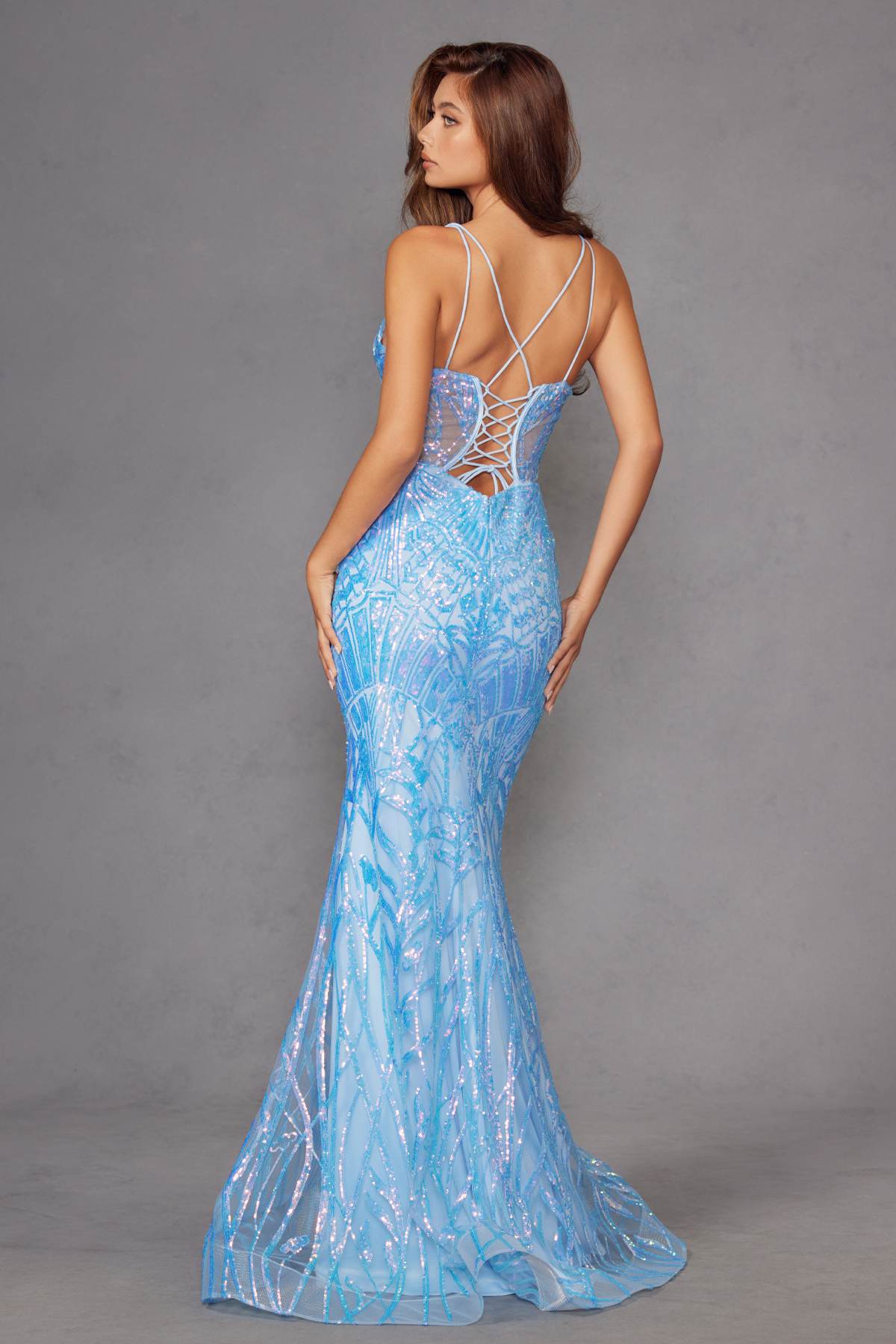 Sky blue sequin corset back mermaid gown with thin crisscross straps