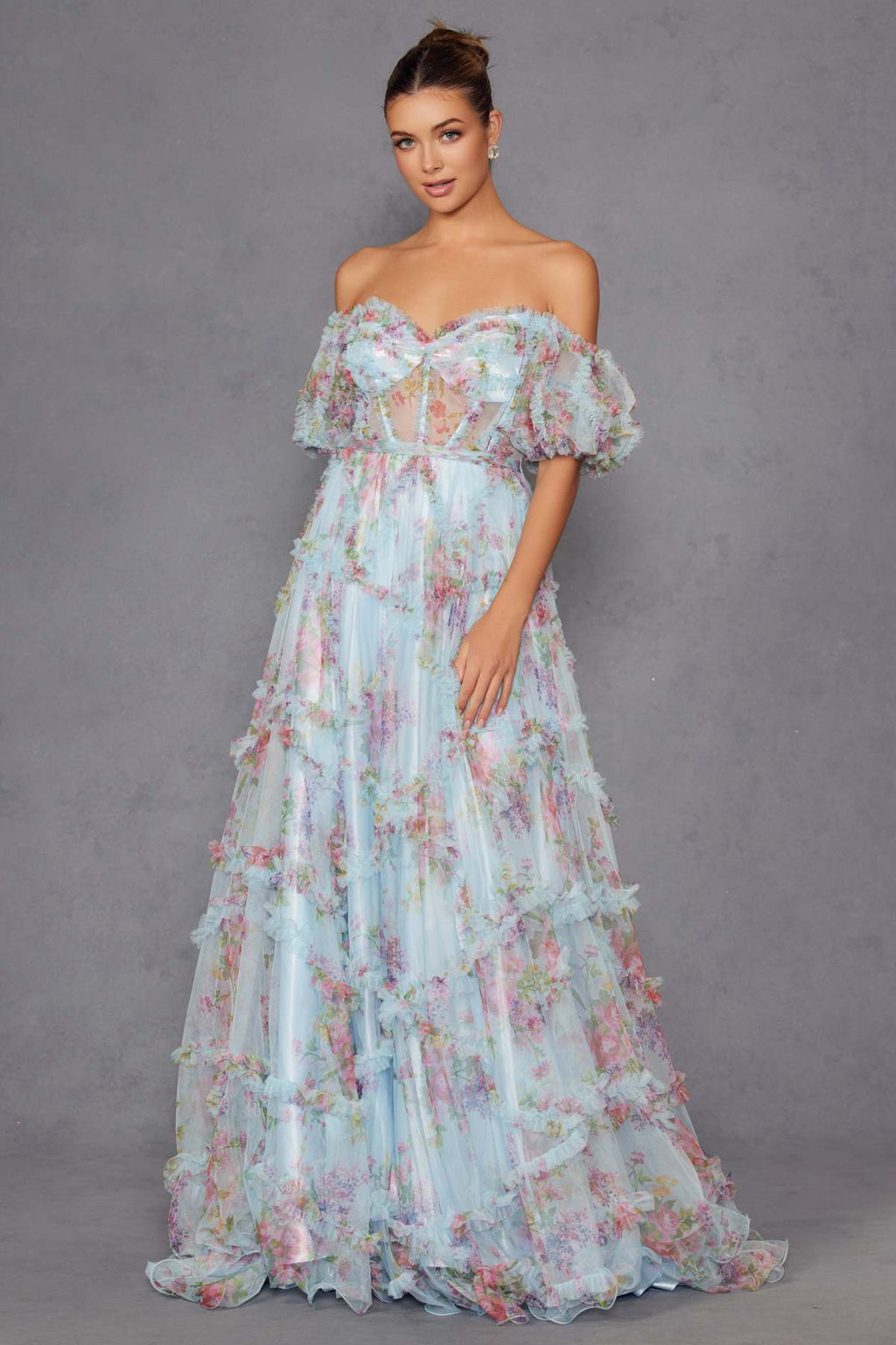 Blue floral off-shoulder sweetheart ruffled gown with short puff sleeves and tiered skirt