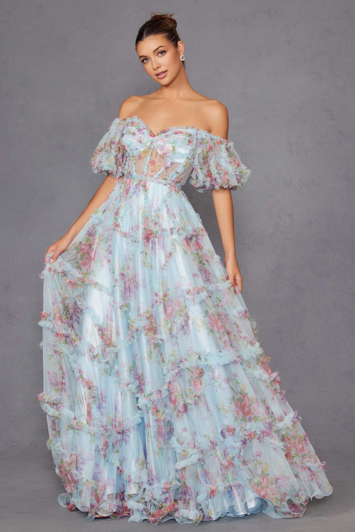 Blue floral off-shoulder sweetheart ruffled A-line gown with puff sleeves, full skirt
