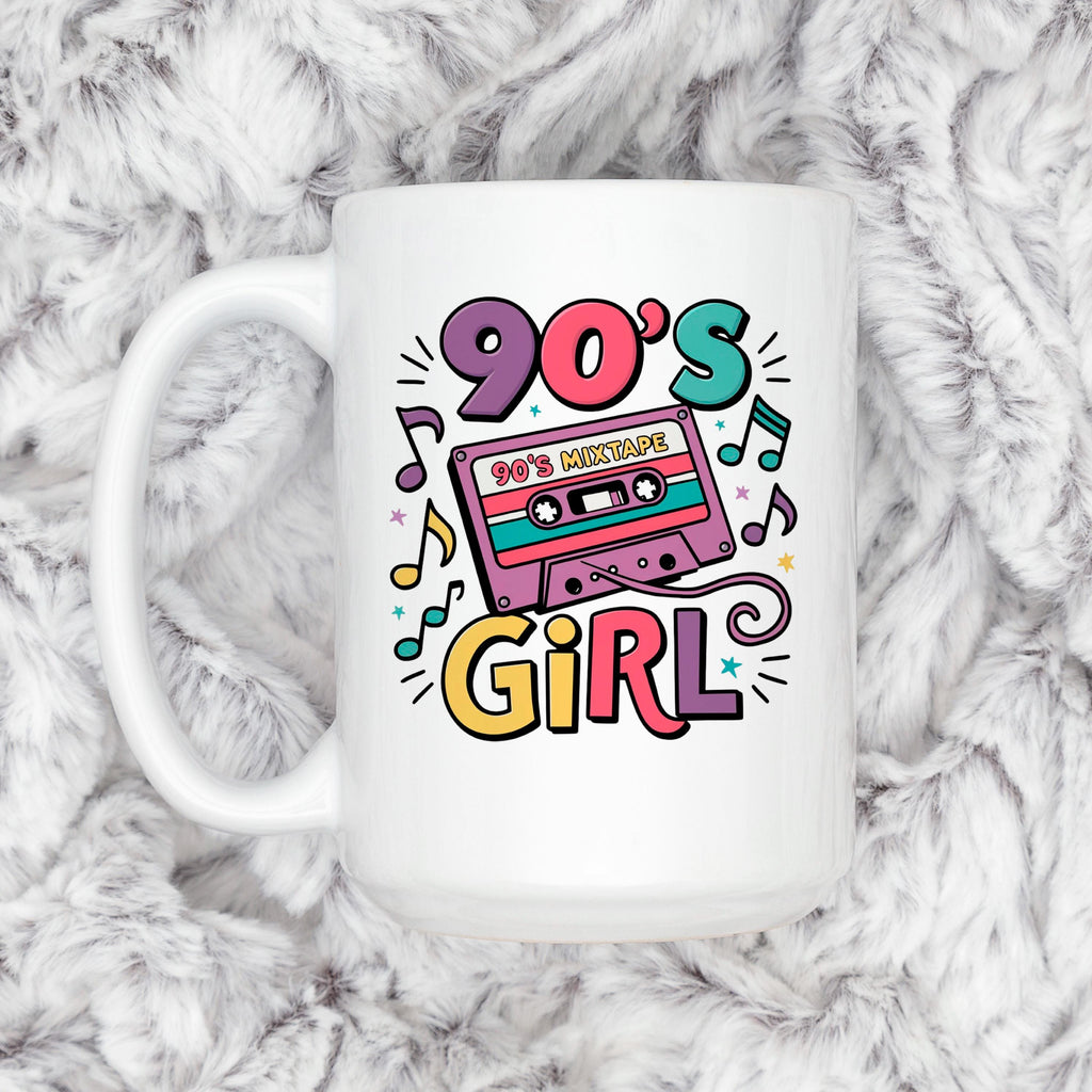 White ceramic mug with 90's Girl cassette tape graphic and large “Girl” lettering
