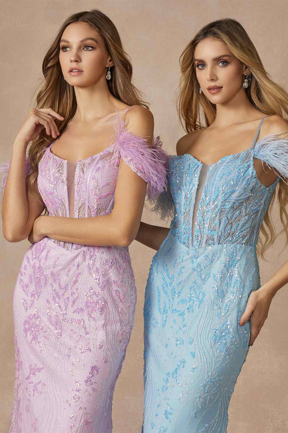 Lilac and sky blue long off-shoulder fitted glitter gowns with feather straps
