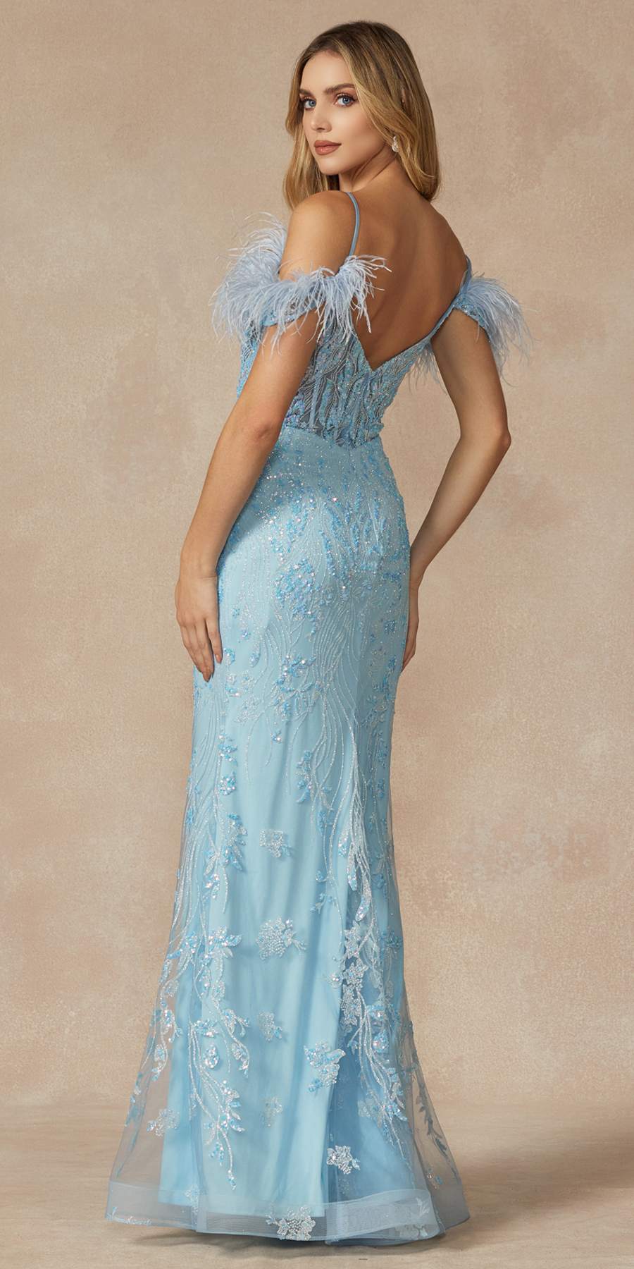 Sky blue long off-shoulder fitted gown with feathered sleeves and glitter floral print