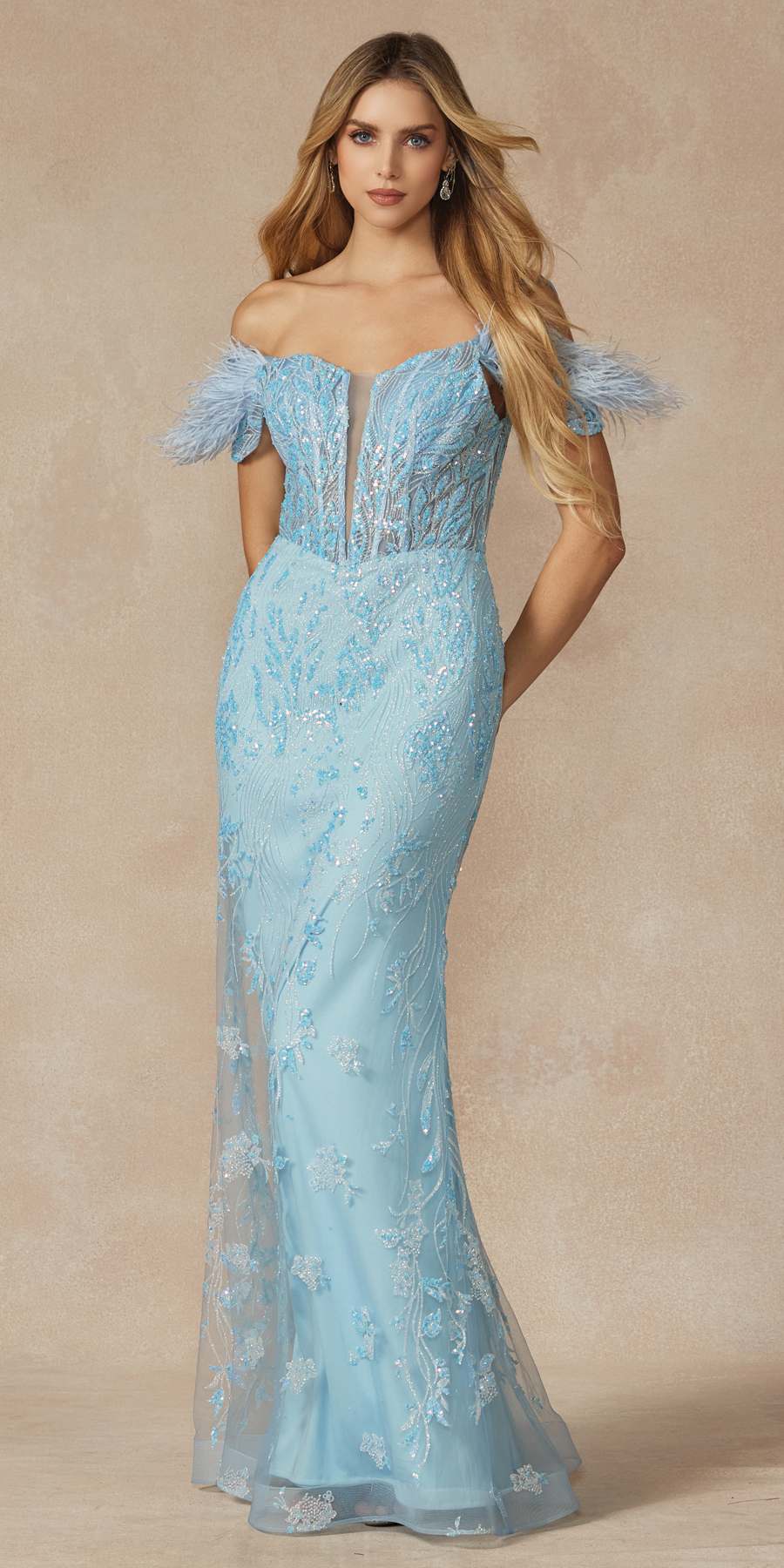 Sky blue long off-shoulder fitted gown with corset-style bodice and glitter floral print