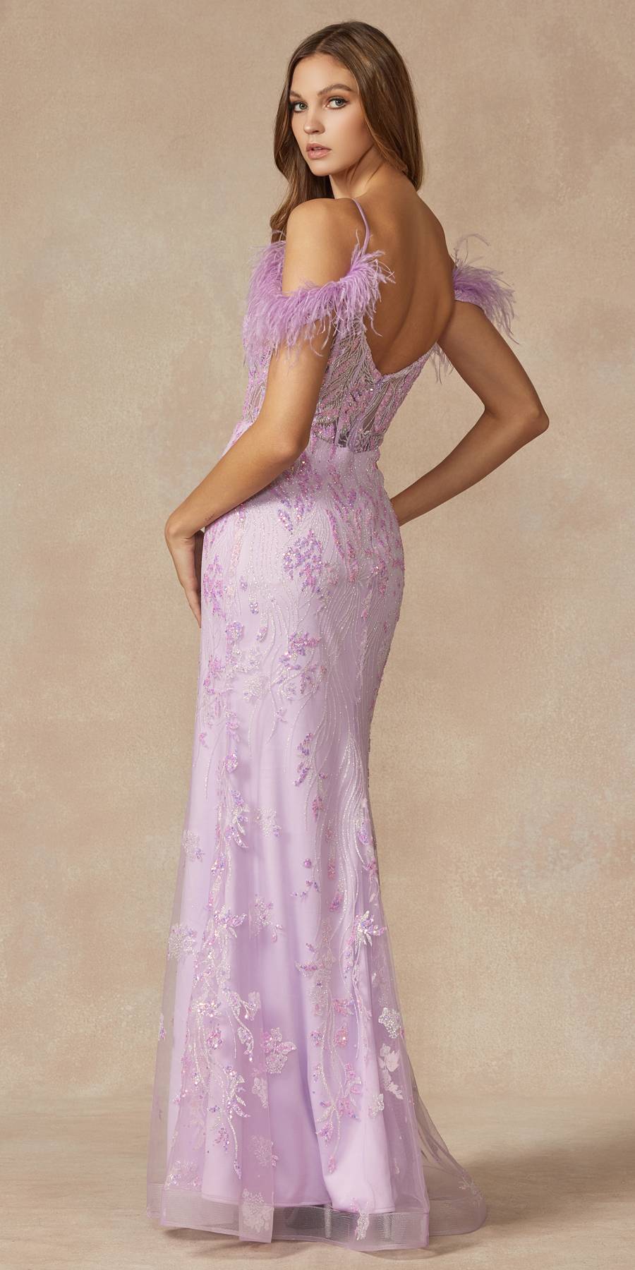 Lilac off-shoulder fitted glitter gown with sparkling floral print and feather shoulder trim