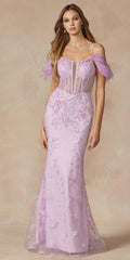 Lilac long off-shoulder fitted glitter gown with floral shimmer print and feathered sleeves