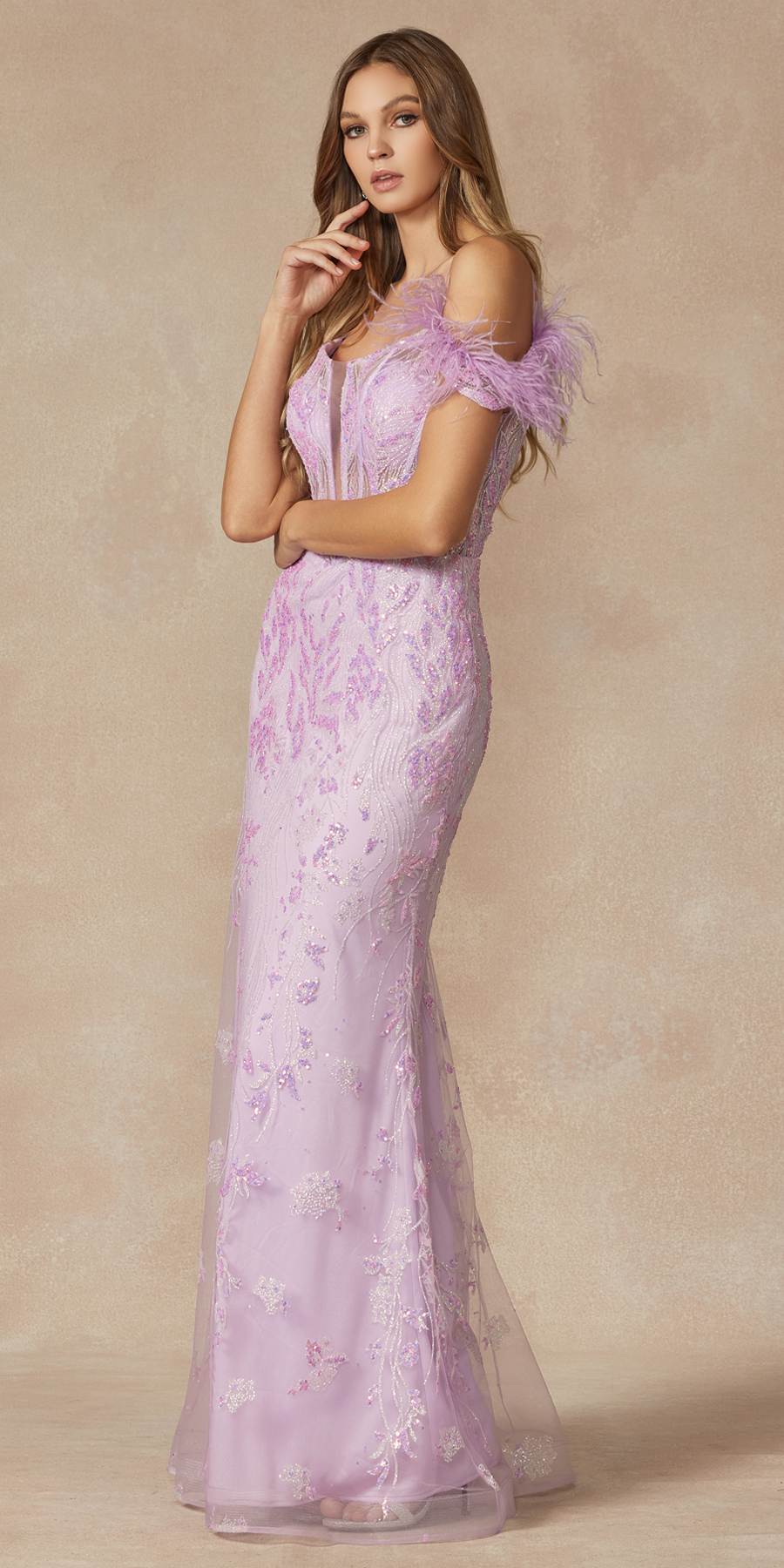 Lilac off-shoulder fitted glitter gown with feather straps, full-length