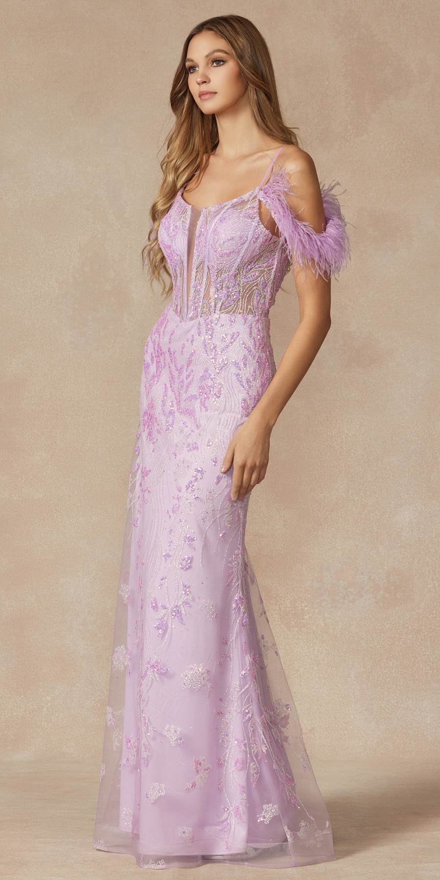 Lilac off-shoulder fitted glitter gown with feather straps, front view