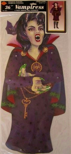 Jointed vampireess Halloween party decoration, purple dress, red cape, bat wing graphic