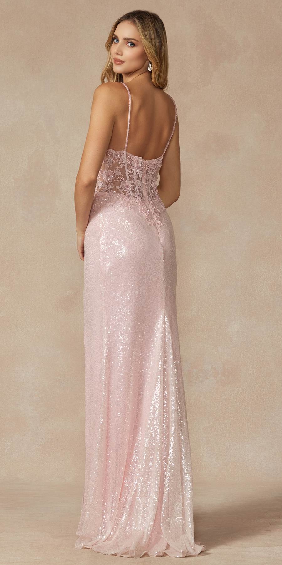 Pale pink sequin long dress with spaghetti straps and corset-style bodice