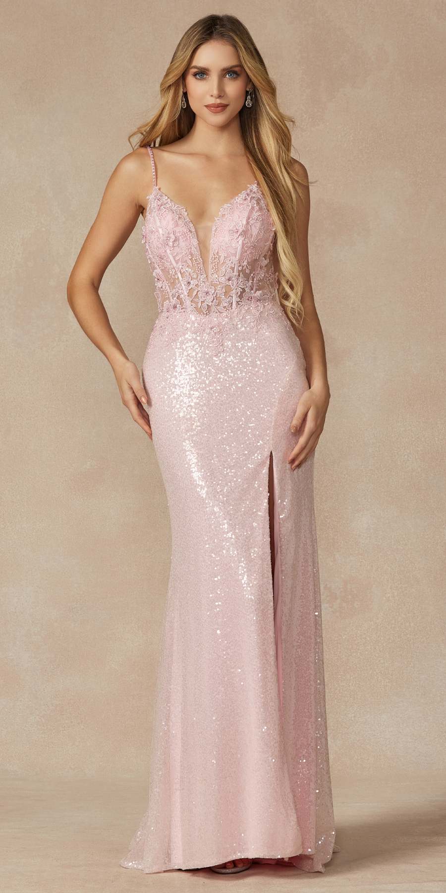 Pale pink sequined long gown with corset bodice, spaghetti straps, and front slit
