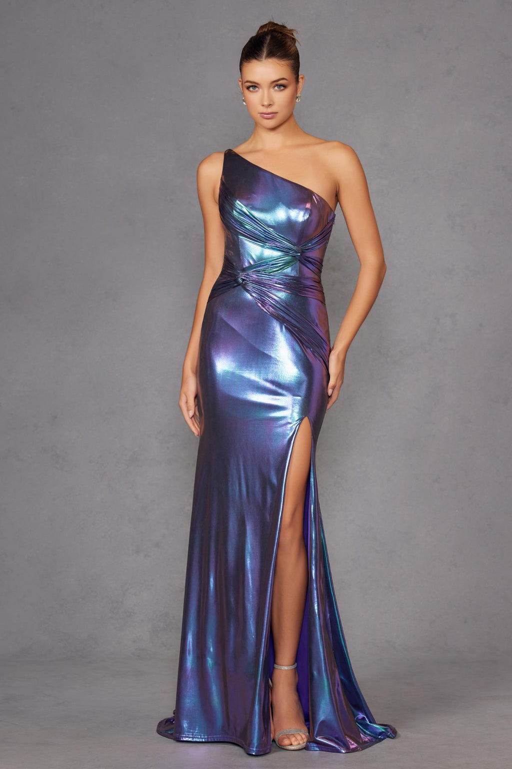 Metallic one-shoulder fitted prom gown with asymmetrical neckline and thigh slit