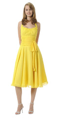 Yellow halter strap chiffon knee-length dress with side bow and gathered bodice