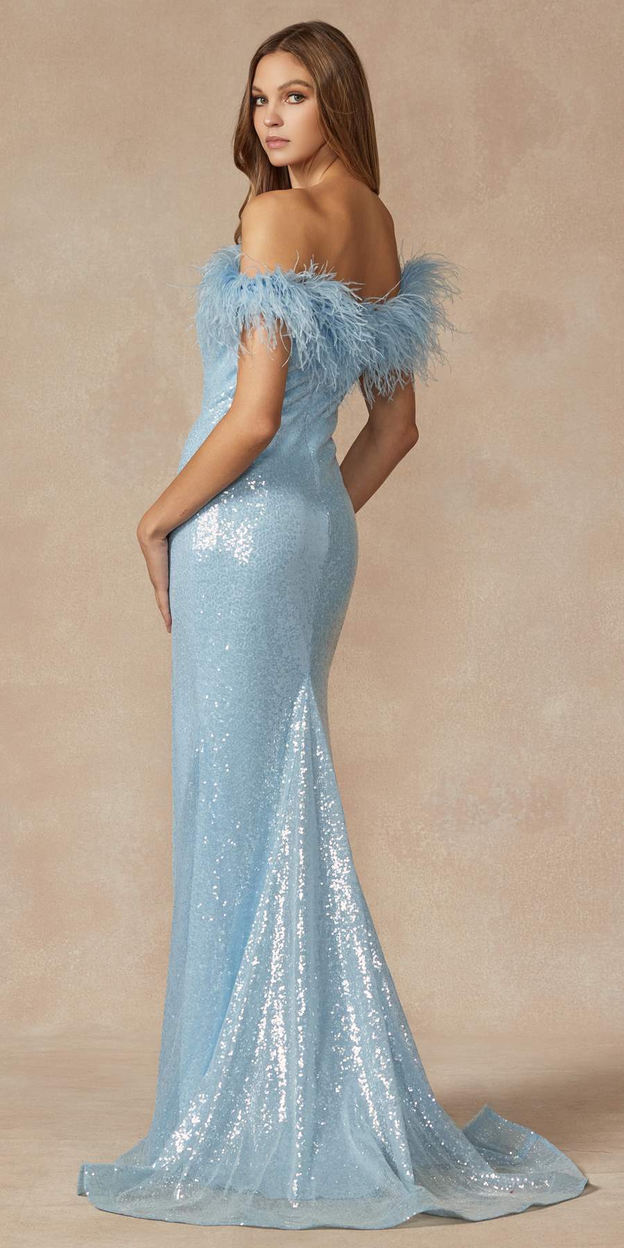 Ice blue sequin off-shoulder prom gown with feather neckline and high slit, 3/4 back