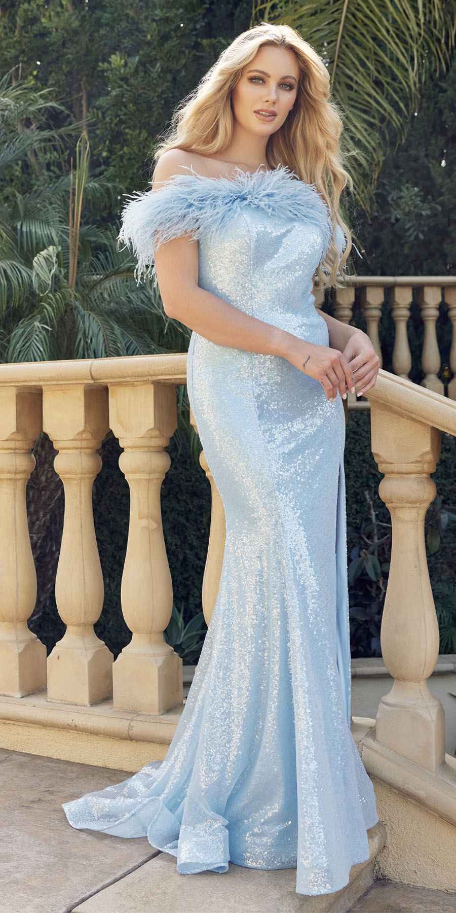 Ice blue sequin prom gown with off-shoulder feather neckline and high slit, long