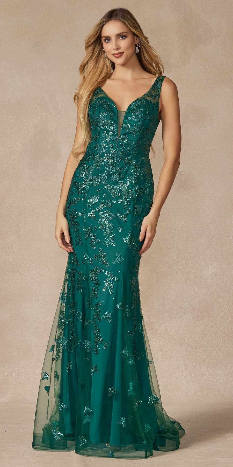 Emerald green long prom dress with low V-neck and mermaid silhouette, butterfly appliqués