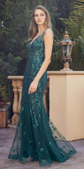 Emerald green long prom dress with low V-neck and butterfly appliqué detail