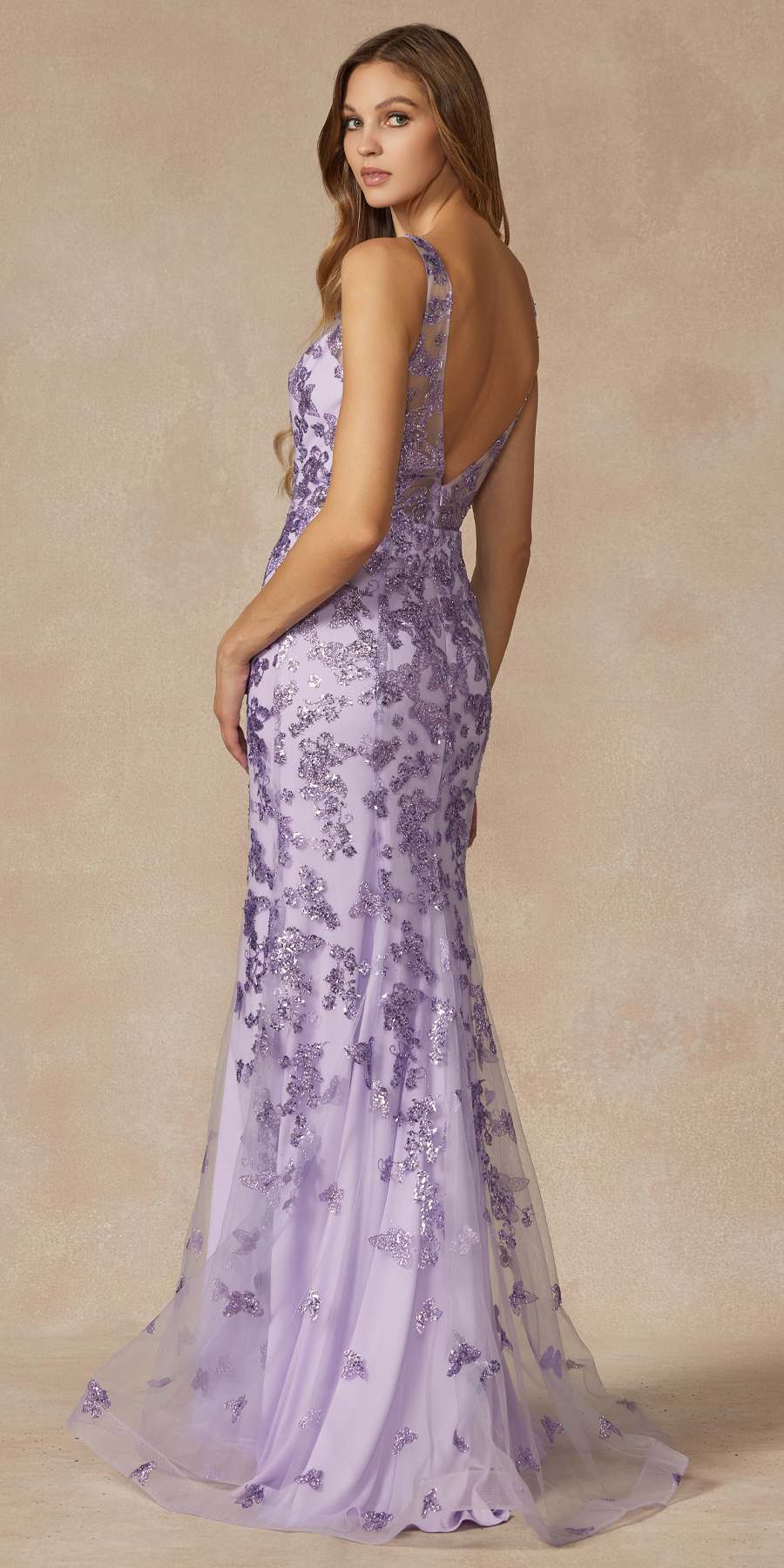 Lilac long prom dress with low V-neck front and open back with thin straps
