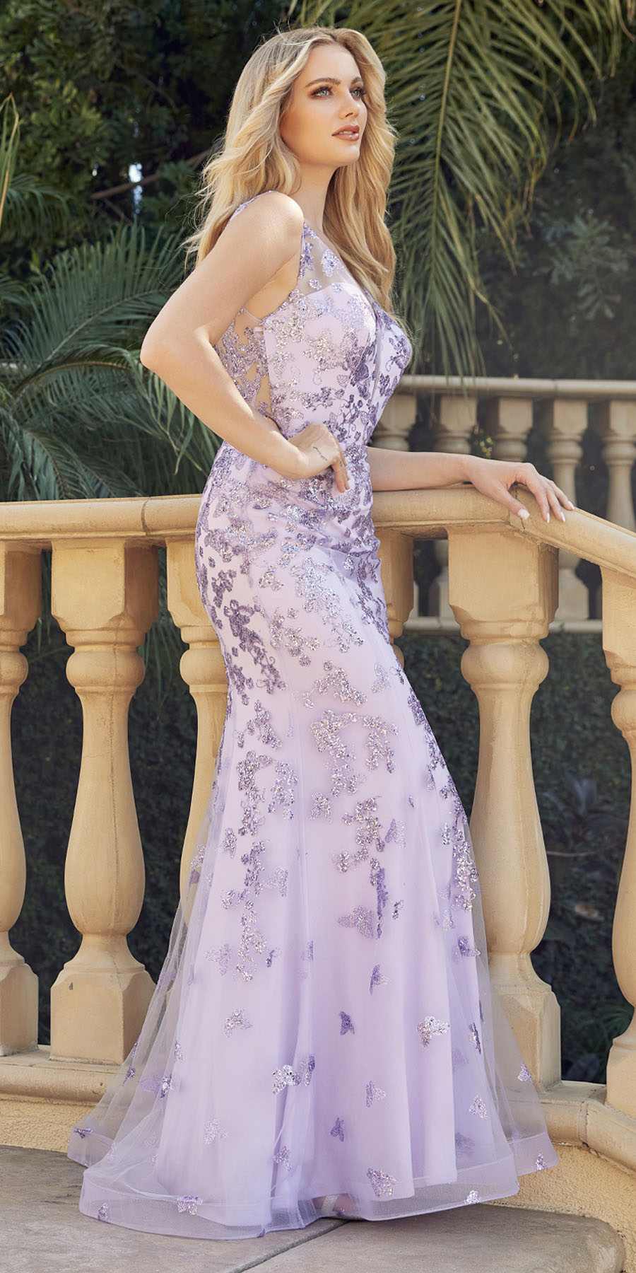 Lilac long prom dress with low V-neck and embroidered floral appliqués, fitted silhouette