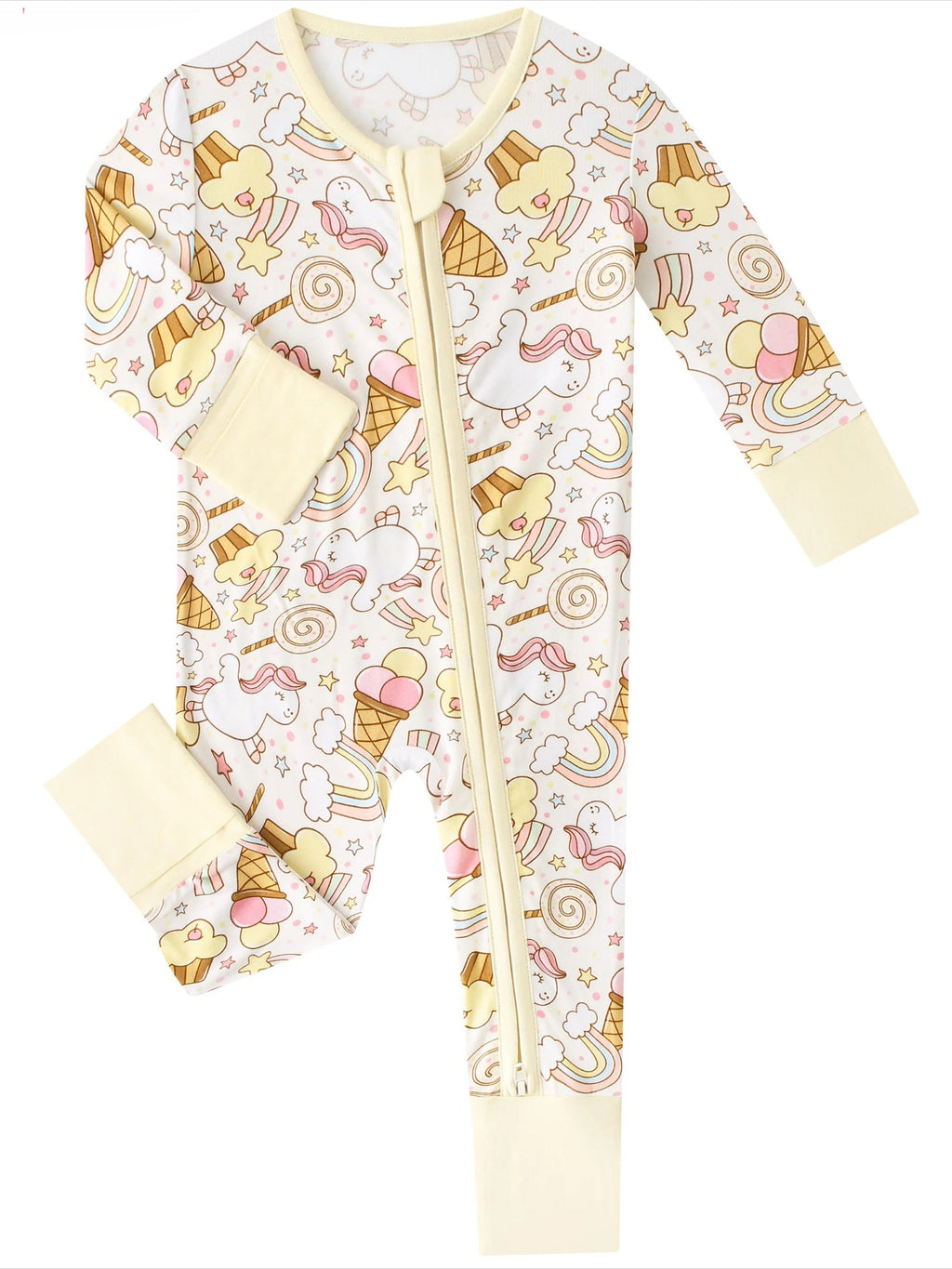 Bamboo baby romper with long sleeves, front zipper, and rainbow snacks print on cream