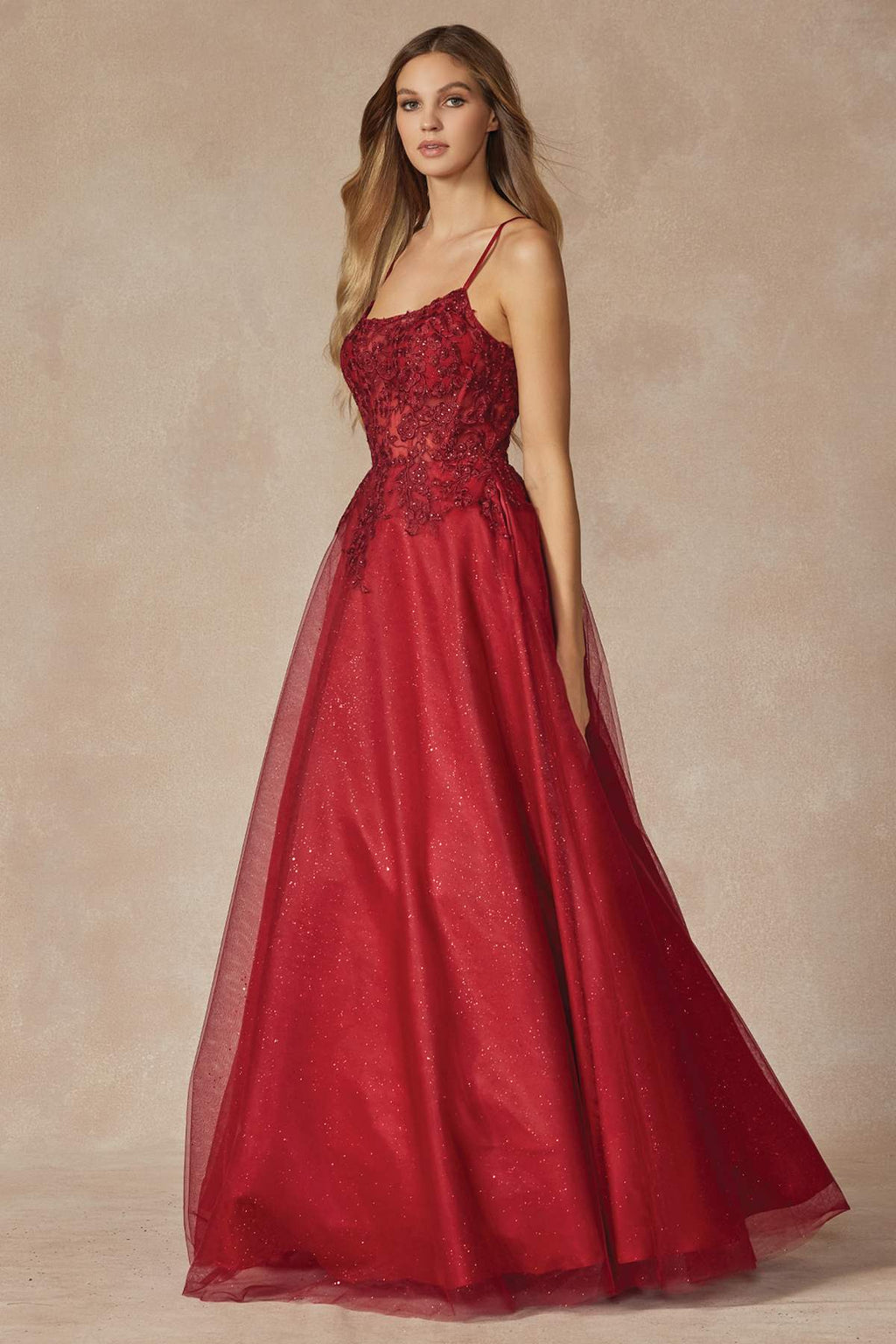 Burgundy lace corset prom gown with sweetheart neckline and floor-length glittery tulle skirt