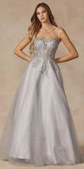 Silver leaf lace corset-style prom gown with thin spaghetti straps and full skirt.