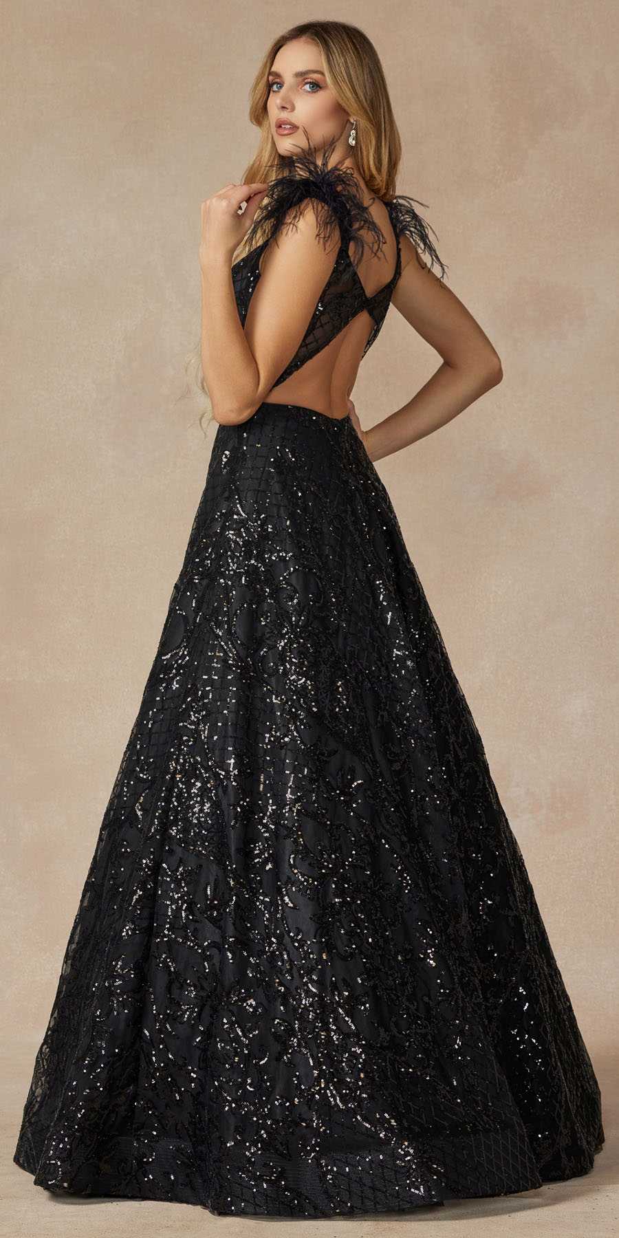 Black sequined A-line floor-length gown with cap-style neckline and low open back