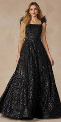 Black sequined A-line floor-length gown with feathered shoulder detail and wide skirt