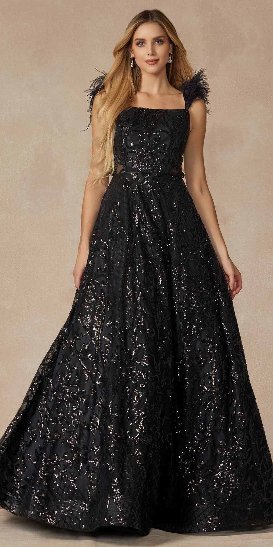 Black sequined A-line floor-length gown with feathered shoulder detail and wide skirt